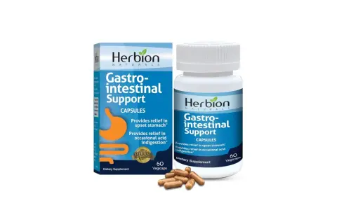 Opakowanie i butelka suplementu diety Herbion Gastro-intestinal Support z kapsułkami.