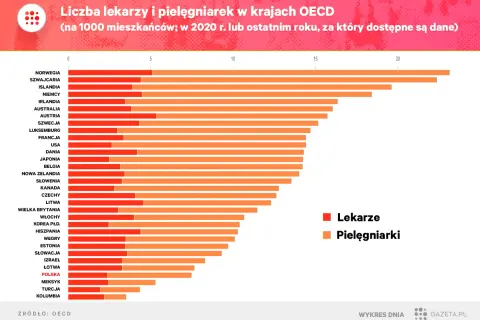Wykres pokazuje, ile jest lekarzy w Polsce (ok. 3 na 1000 mieszkańców) i pielęgniarek w krajach OECD.