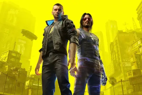 Dwóch mężczyzn w neonowym mieście. Zastanawiasz się, ile godzin zajmie Ci przejście Cyberpunk 2077?