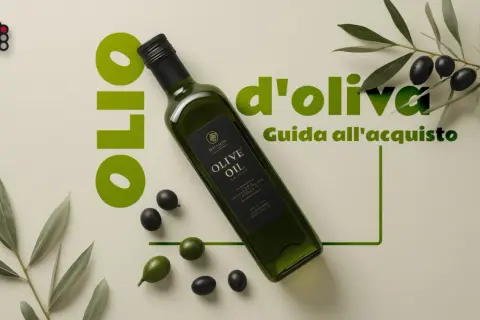 Bottiglia di olio evo con olive e rami d'ulivo. Guida all'acquisto.