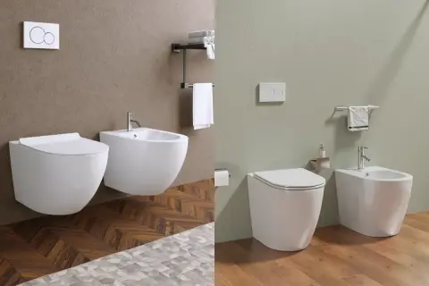 Due bagni moderni con WC e bidet sospesi. Nessun problema di scarico wc a parete visibile, solo design pulito.