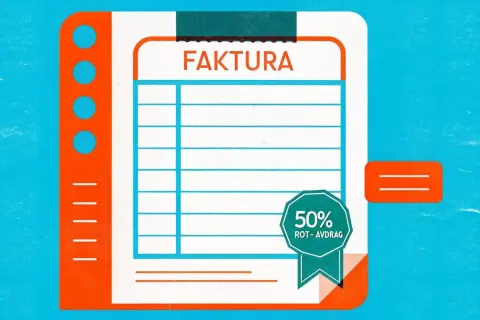 En stiliserad faktura med texten "FAKTURA" och en ruta för 50% ROT-avdrag. Ett perfekt faktura exempel för hantverkare.