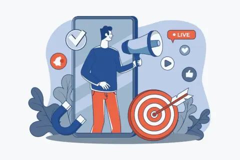 Un uomo con megafono su smartphone, magnete, bersaglio e icone social. Illustra l'employer branding cos'è: attrarre talenti con una strategia mirata.