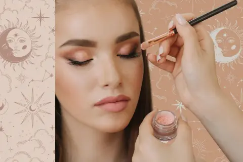 Guida per imparare come fare un make up perfetto: applicazione di ombretto scintillante con pennello su un occhio di una modella.