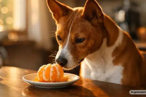 A curious dog sniffs a peeled orange on a plate, wondering if dogs eat oranges.