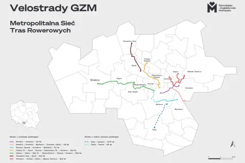 Mapa metropolitalnej sieci tras rowerowych GZM. Kolorowe linie pokazują przebieg tras, w tym te w okolicach Tychów, łączących miasta regionu.