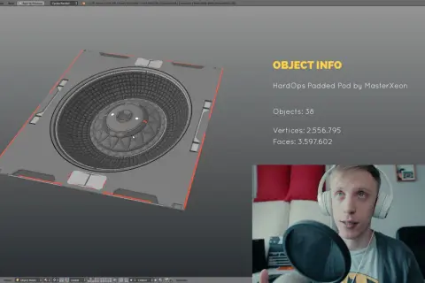 A 3D model of a complex circular object is shown, with stats like vertices and faces displayed. This is part of a tutorial on how to make 3D graphics.