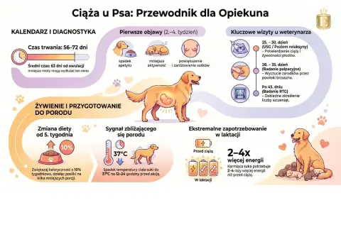 Ciąża u psa trwa 56-72 dni. Ilustracja pokazuje etapy ciąży, objawy, wizyty u weterynarza i potrzeby żywieniowe.
