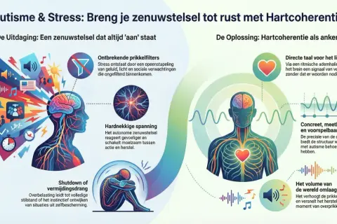 Illustratie toont de uitdagingen van overprikkeling bij autisme bij vrouwen, met een focus op stress en het zenuwstelsel. De oplossing is hartcoherentie.
