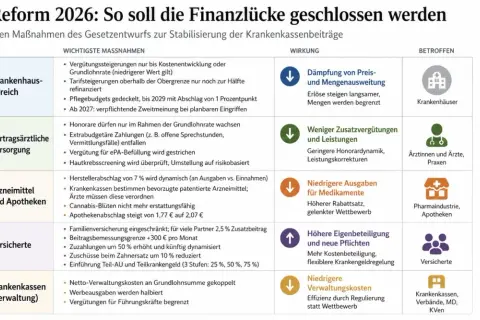 Der **gesundheitsreform aktueller stand** zeigt Maßnahmen zur Schließung der Finanzlücke: Dämpfung von Preis/Menge, weniger Zusatzleistungen, niedrigere Medikamentenausgaben, höhere Eigenbeteiligung.