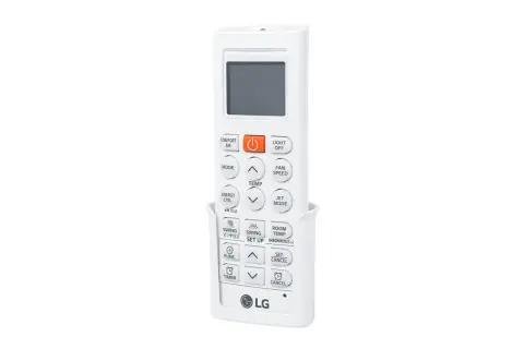 Biały pilot do klimatyzatora LG Dual Inverter. Instrukcja obsługi pilota zawiera przyciski do sterowania temperaturą, trybami pracy i funkcjami.