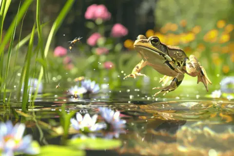 Une grenouille saute dans un jardin luxuriant, entourée de nénuphars et de fleurs colorées.