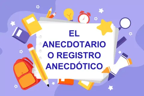 Un anecdotario infantil con libros, lápices y una mochila. Ideal para registrar momentos especiales.