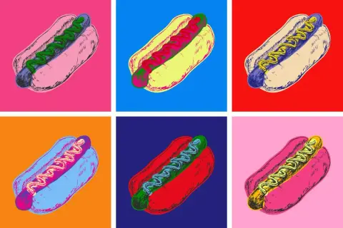 Sześć hot dogów w stylu pop-art. Co to pop? To pytanie zadaje sobie każdy, kto zobaczy te kolorowe, apetyczne przekąski.