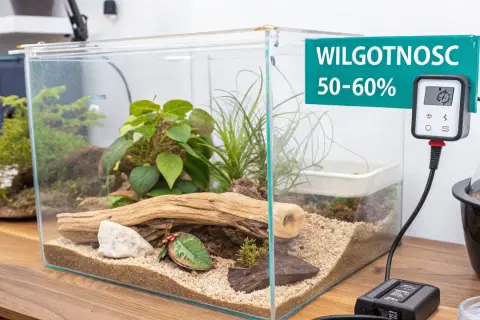 Szklane terrarium z roślinnością i drewnem, idealne do hodowli węża zbożowego. Termometr wskazuje wilgotność 50-60%.