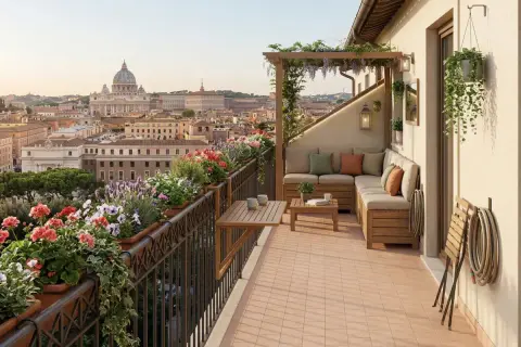 Splendide soluzioni idee veranda balcone con vista su Roma. Arredi in legno, fiori colorati e pergolato creano un'oasi urbana.