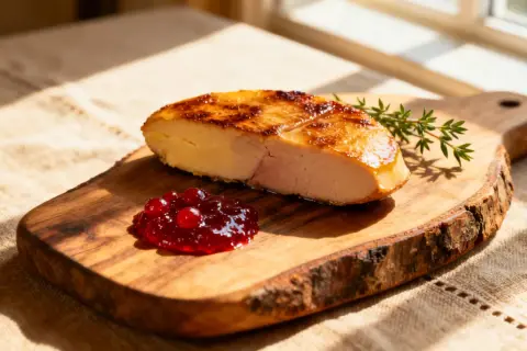 Tranche de foie gras froid, laquée et dorée, servie avec une compotée de fruits rouges et une branche de thym sur une planche en bois.