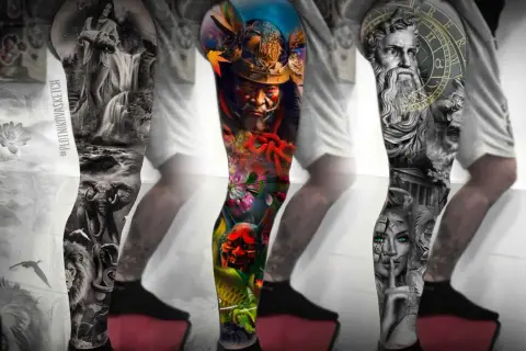 Beeindruckendes Bein Sleeve Tattoo Mann: Wasserfall, Elefant, Löwe, Samurai, Maske, Koi, antike Büste, Frau mit blauen Augen.