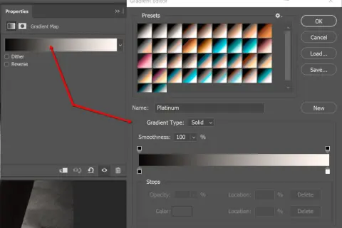 Interfaccia di Photoshop per creare una mappa sfumatura, con opzioni per definire colori e sfumature.