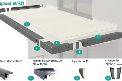 System profili do obróbki czoła balkonu Renoplast W30: profile, narożniki, łączniki i odbojniki.