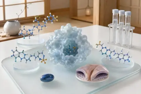 Modele cząsteczek, w tym kwas foliowy, na stole laboratoryjnym. Badanie ceny kwasu foliowego może być kluczowe dla zdrowia.