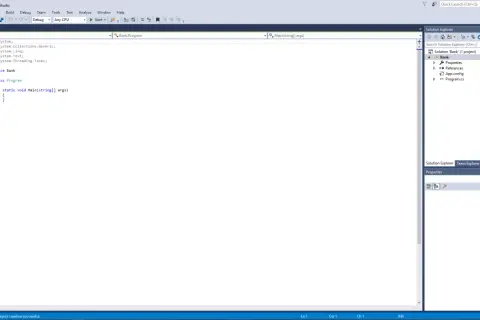 Widok kodu C# w Visual Studio. Widoczny jest plik Program.cs z podstawową strukturą klasy Program i metodą Main. W panelu Solution Explorer widać projekt "Bank".