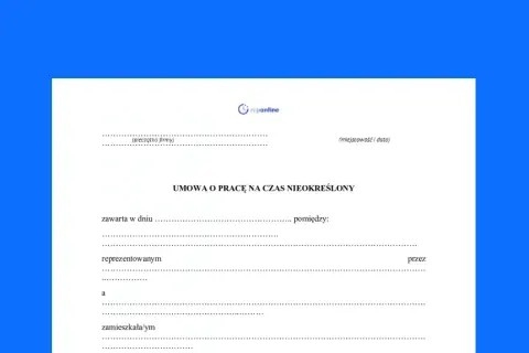 Formularz umowy o pracę na czas nieokreślony, gotowy do wypełnienia.