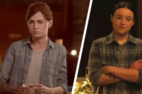 Ellie und Abby, Charaktere aus "The Last of Us", im Split-Screen-Format. Ein Stream-Moment, der ihre unterschiedlichen Stimmungen zeigt.