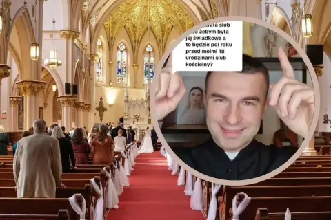 Ksiądz wyjaśnia, jak wygląda bierzmowanie, w tle kościół z ludźmi.
