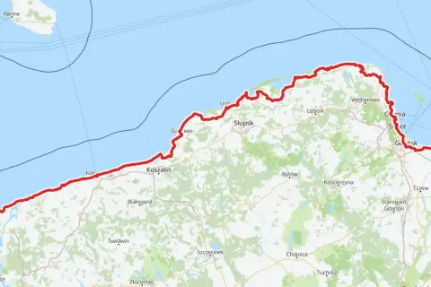 Mapa z zaznaczoną trasą rowerową wzdłuż Bałtyku, od Świnoujścia po Elbląg, przez Koszalin, Słupsk i Gdańsk.