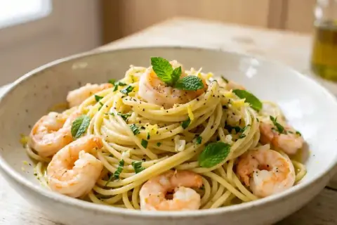 Un plat de spaghetti aux crevettes, garni de menthe fraîche et de zeste de citron, prêt à être dégusté.