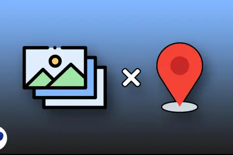 Stack of photos next to a location pin, symbolizing geotagging or adding location data to images.
