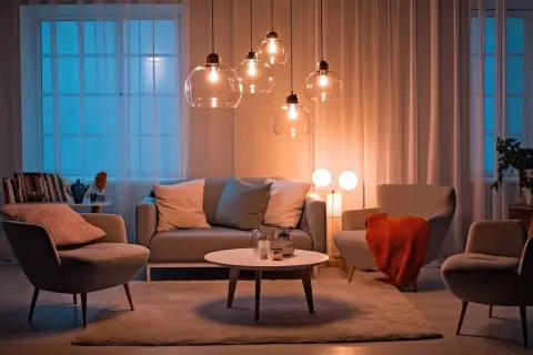 Pięć szklanych lamp wiszących nad kanapą i fotelami. Idealny żyrandol do małego pokoju, tworzący przytulną atmosferę.
