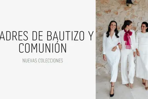 Tres mujeres lucen elegantes trajes blancos, perfectos como outfit para comunión.