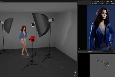 A woman poses in a studio with soft key lighting. A red camera is positioned nearby. The final image shows her in a blue jacket.