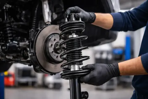 Mains gantées ajustant un amortisseur de voiture avec ressort hélicoïdal. Savoir quand changer amortisseur est crucial pour la sécurité.