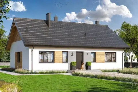 Nowoczesny dom jednorodzinny, projekt domu Tracja 2, z dużym ogrodem i psem przed wejściem.