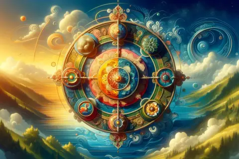 Kolorowa mandala na tle krajobrazu z górami, wodą i niebem.
