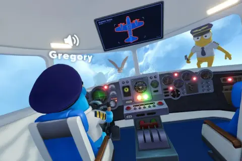 Wesoła, stara gra samoloty. Gregory pilotuje, a żółty pilot obserwuje ptaki za oknem.