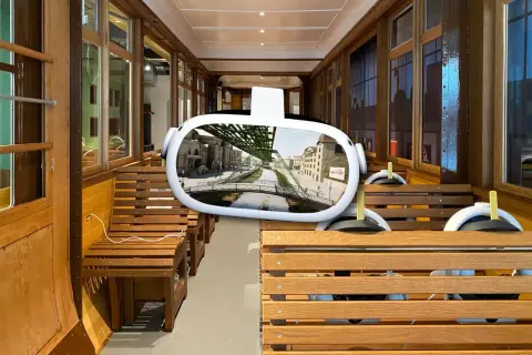 VR-Brille zeigt die Schwebebahn über dem Fluss in Wuppertal. Ein Blick in die Zukunft des Schwebodrom Wuppertal.