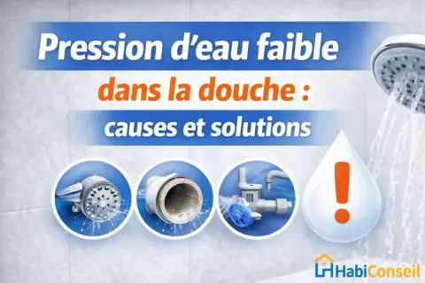 Pression d'eau faible dans la douche : causes et solutions. Images de pommeau entartré, tuyau abîmé et vanne qui fuit, illustrant un problème de pression d'eau.