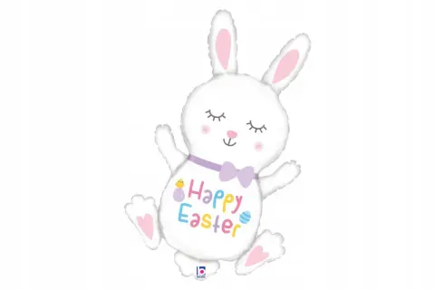 Biały balon króliczek z fioletową kokardką i napisem "Happy Easter".