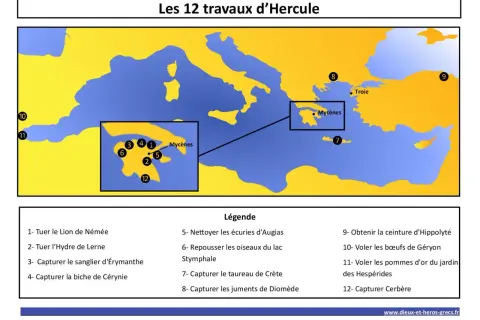 Carte illustrant les 12 travaux d'Hercule, avec des points numérotés sur la Grèce et la Méditerranée.