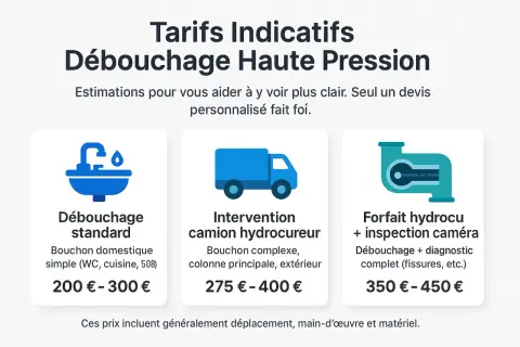 Tarifs indicatifs pour le débouchage de canalisations bouchées : standard (200-300€), camion hydrocureur (275-400€), hydrocurage + caméra (350-450€).