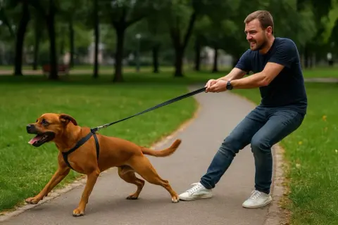 Un hombre lucha por controlar a su perro marrón que tira de la correa en un parque. El perro parece emocionado, mientras el hombre se esfuerza.
