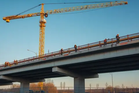 Pracownicy na budowie mostu, pod wielkim żółtym dźwigiem. Ich stawka godzinowa na budowie zależy od wielu czynników.