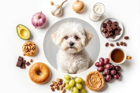 Un bichón maltés mira rodeado de alimentos prohibidos para perros: chocolate, uvas, aguacate, ajo, cebolla, café y lácteos.