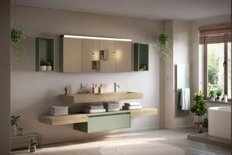Salle de bain moderne avec lavabo flottant, rangements verts et une plante pour salle de bain apportant une touche de nature.