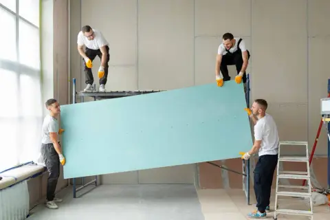 Cuatro obreros instalan un gran panel de pladur para crear un tabique con puerta.