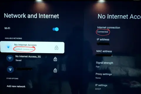 Ekran telewizora pokazuje "No Internet Access" z zaznaczonym "Limited connection". Po prawej stronie "Connected" jest również zaznaczone, co sugeruje problem z połączeniem wifi.